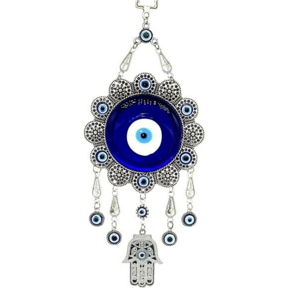 Blue Evil Eye Hamsa Hand Wall Hanging Ornament Sunflower Design Home Protection - Picture 1 of 8